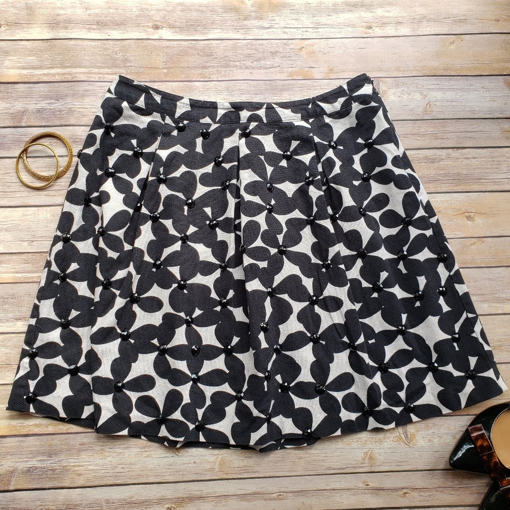 INC 16 Black Off-White Pique Pleated Skirt Gems